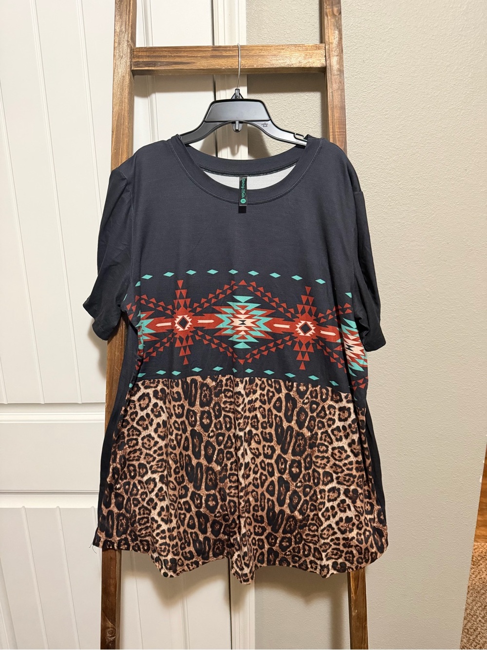 Boho Aztec & Leopard Short Sleeve Tee - Black with Turquoise & Rust